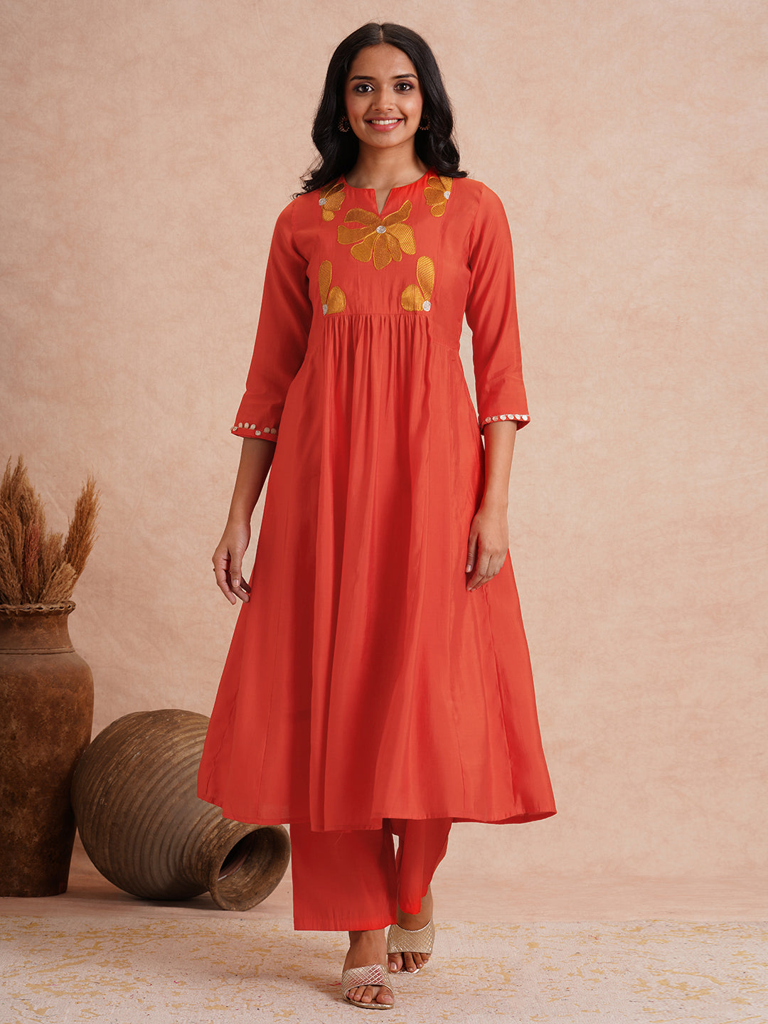 Solid Floral Threadwork Embroidered A-Line Co-ord Set - Orange