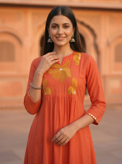 Solid Floral Threadwork Embroidered A-Line Co-ord Set - Orange