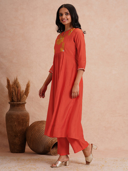 Solid Floral Threadwork Embroidered A-Line Co-ord Set - Orange