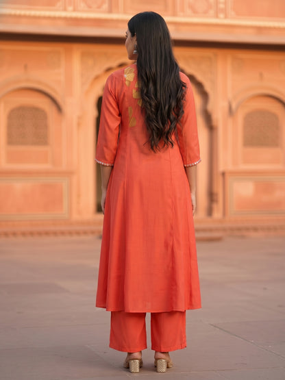 Solid Floral Threadwork Embroidered A-Line Co-ord Set - Orange