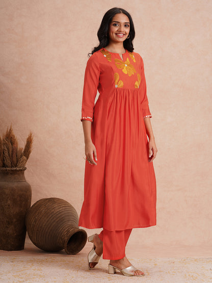 Solid Floral Threadwork Embroidered A-Line Co-ord Set - Orange