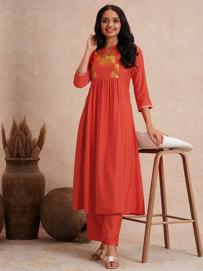 Solid Floral Threadwork Embroidered A-Line Co-ord Set - Orange