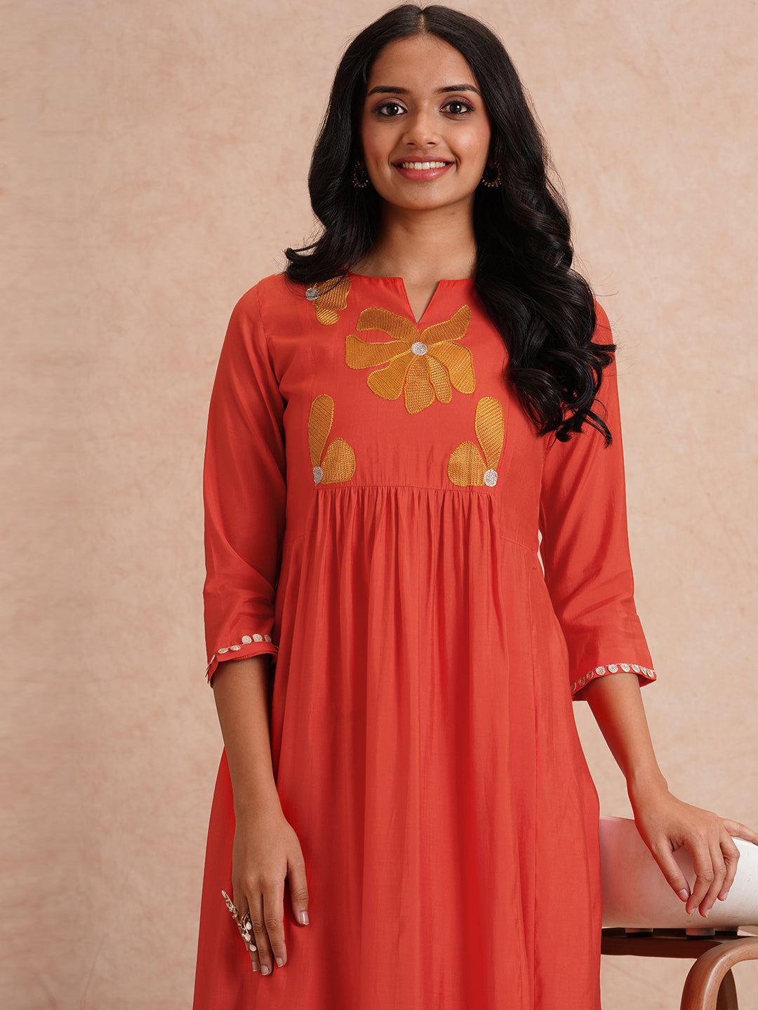 Solid Floral Threadwork Embroidered A-Line Co-ord Set - Orange