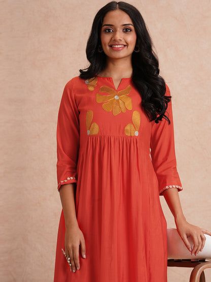 Solid Floral Threadwork Embroidered A-Line Co-ord Set - Orange