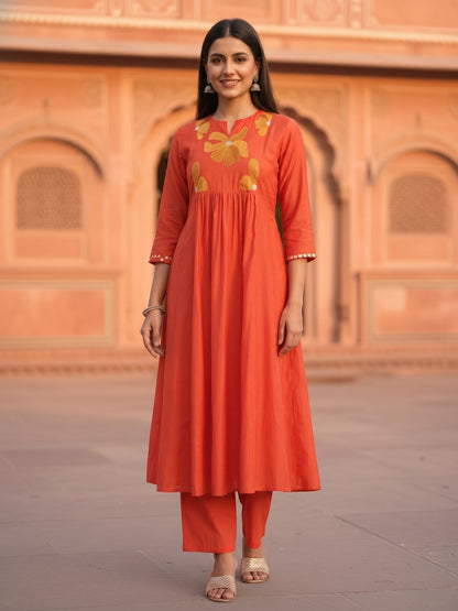 Solid Floral Threadwork Embroidered A-Line Co-ord Set - Orange