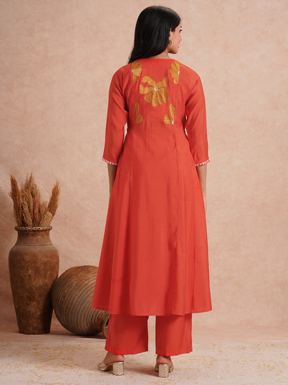 Solid Floral Threadwork Embroidered A-Line Co-ord Set - Orange