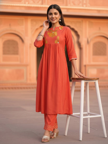 Solid Floral Threadwork Embroidered A-Line Co-ord Set - Orange