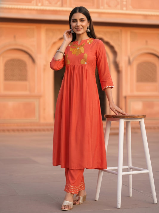 Solid Floral Threadwork Embroidered A-Line Co-ord Set - Orange