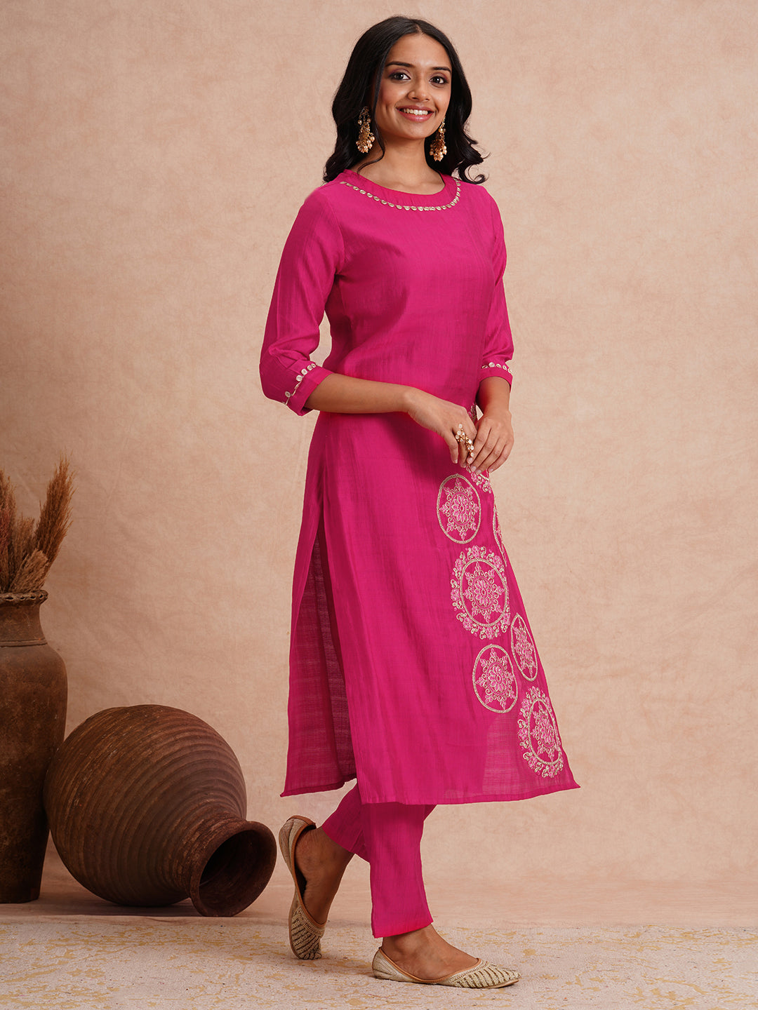 Solid Ethnic Floral Embroidered A-Line Co-ord Set - Magenta