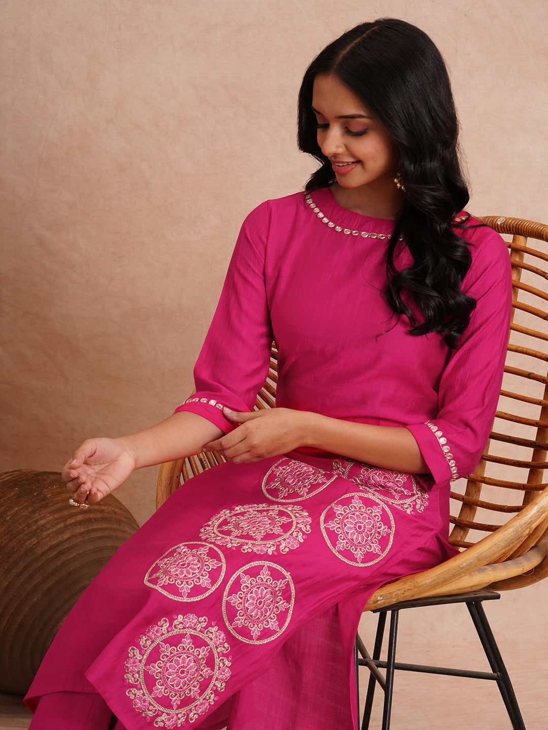 Solid Ethnic Floral Embroidered A-Line Co-ord Set - Magenta