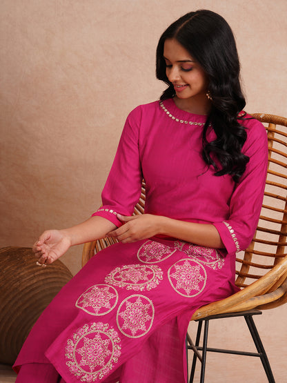 Solid Ethnic Floral Embroidered A-Line Co-ord Set - Magenta