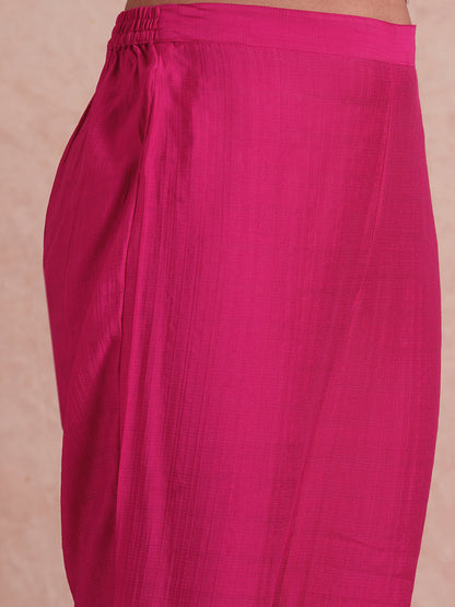 Solid Ethnic Floral Embroidered A-Line Co-ord Set - Magenta