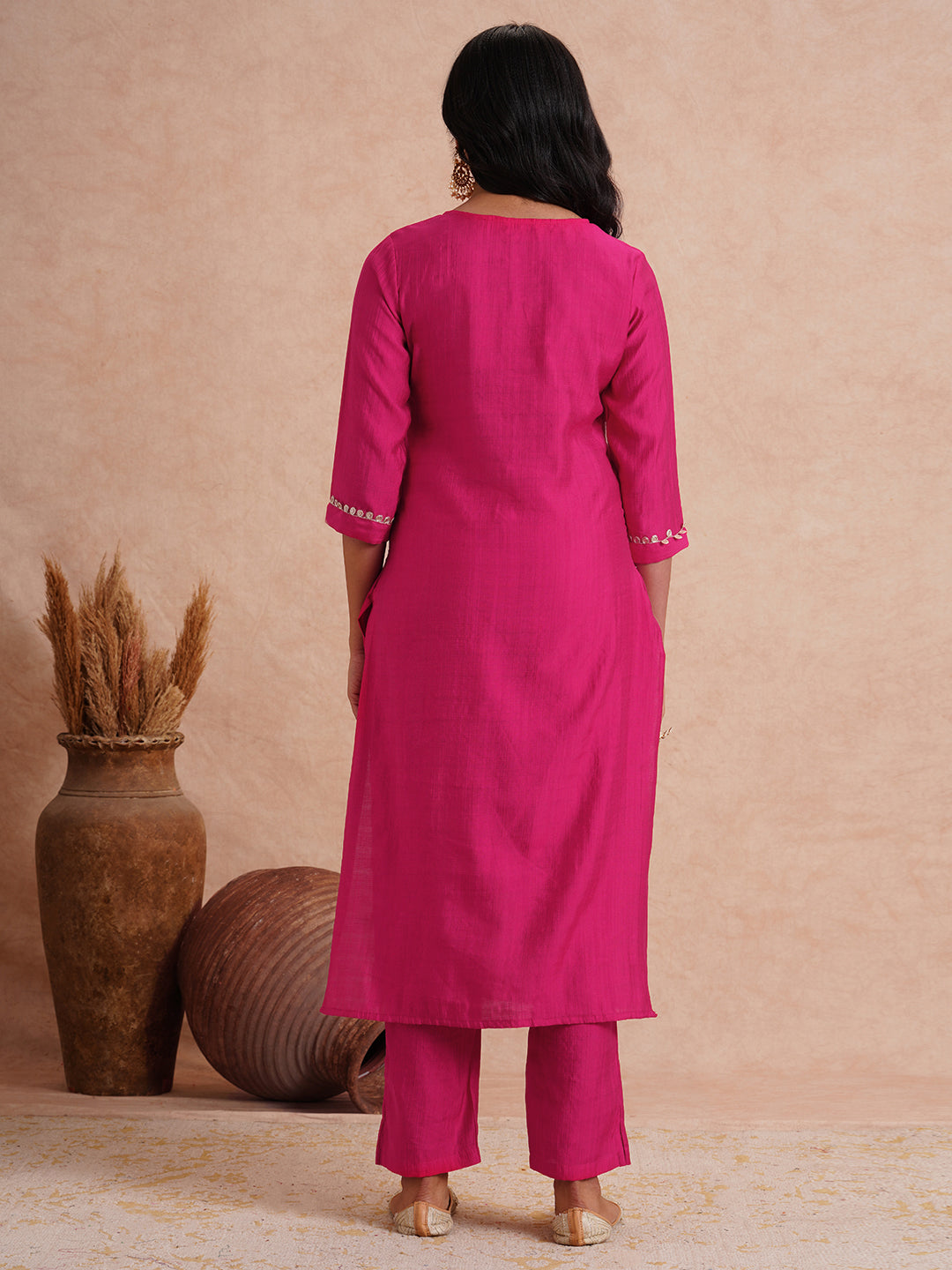 Solid Ethnic Floral Embroidered A-Line Co-ord Set - Magenta