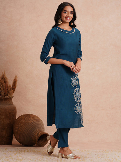 Solid Ethnic Floral Embroidered A-Line Co-ord Set - Teal