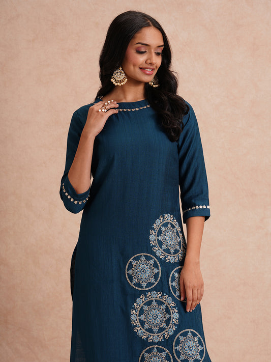 Solid Ethnic Floral Embroidered A-Line Co-ord Set - Teal