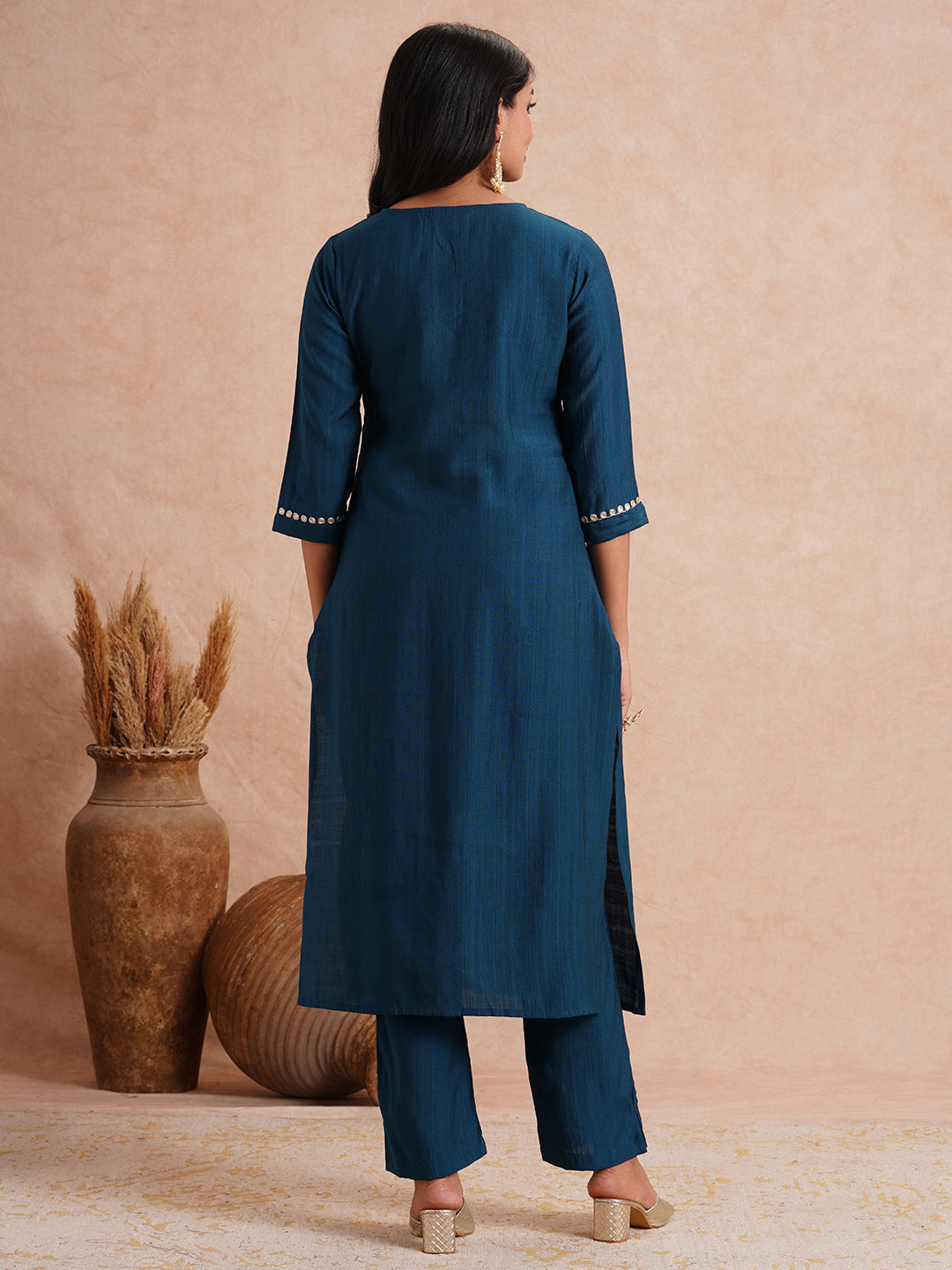 Solid Ethnic Floral Embroidered A-Line Co-ord Set - Teal