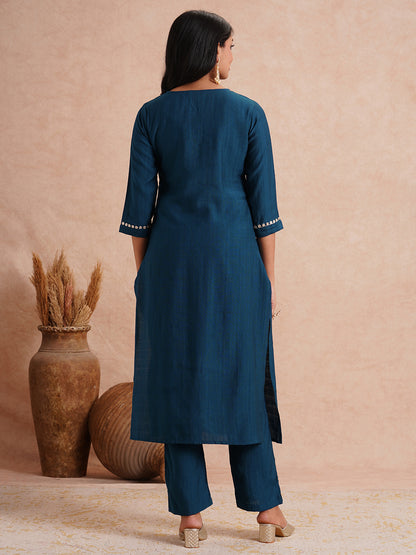 Solid Ethnic Floral Embroidered A-Line Co-ord Set - Teal