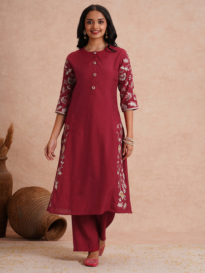 Solid Zari Floral Embroidered A-Line Co-ord Set - Maroon