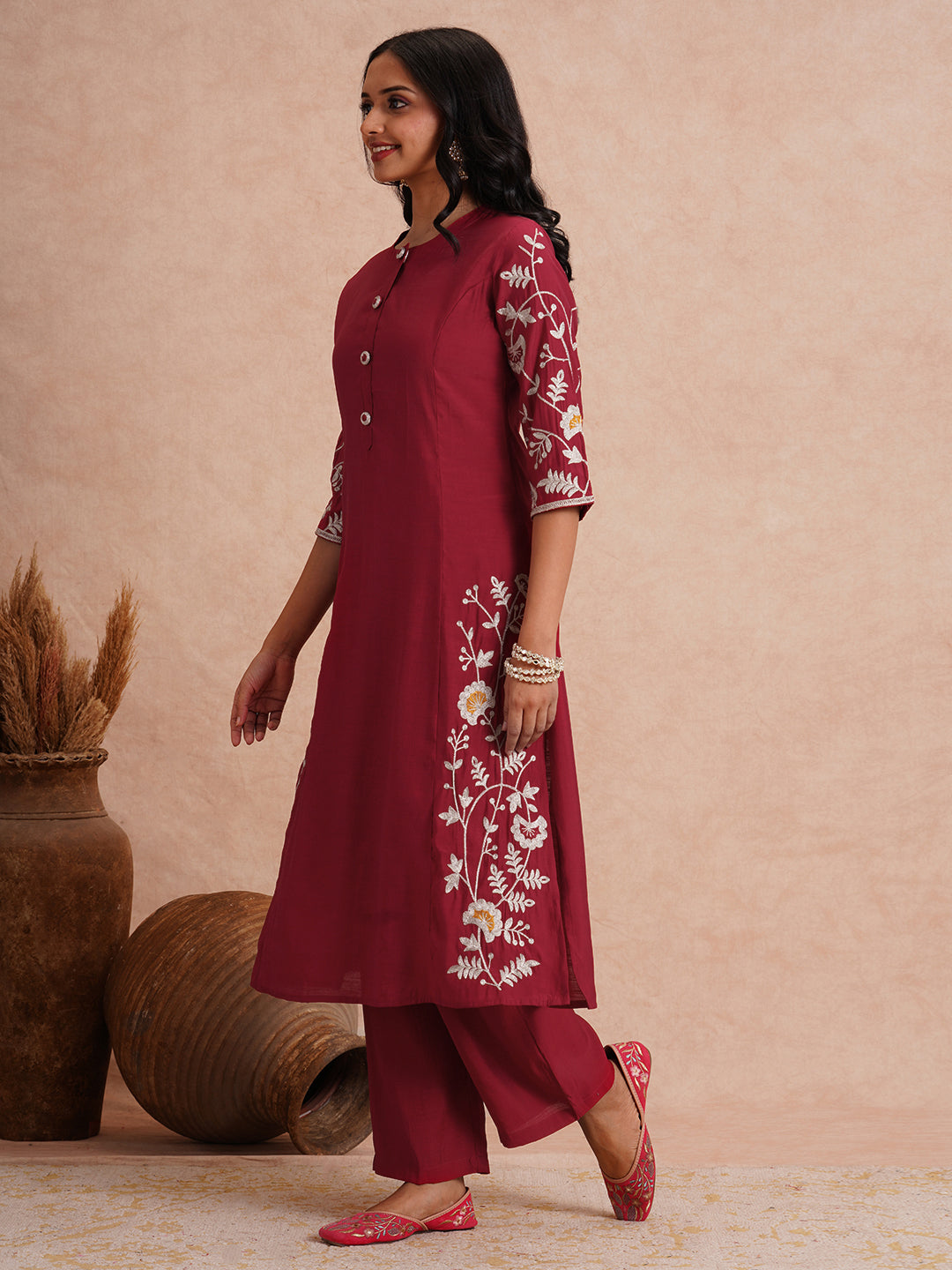 Solid Zari Floral Embroidered A-Line Co-ord Set - Maroon