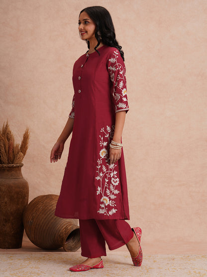 Solid Zari Floral Embroidered A-Line Co-ord Set - Maroon