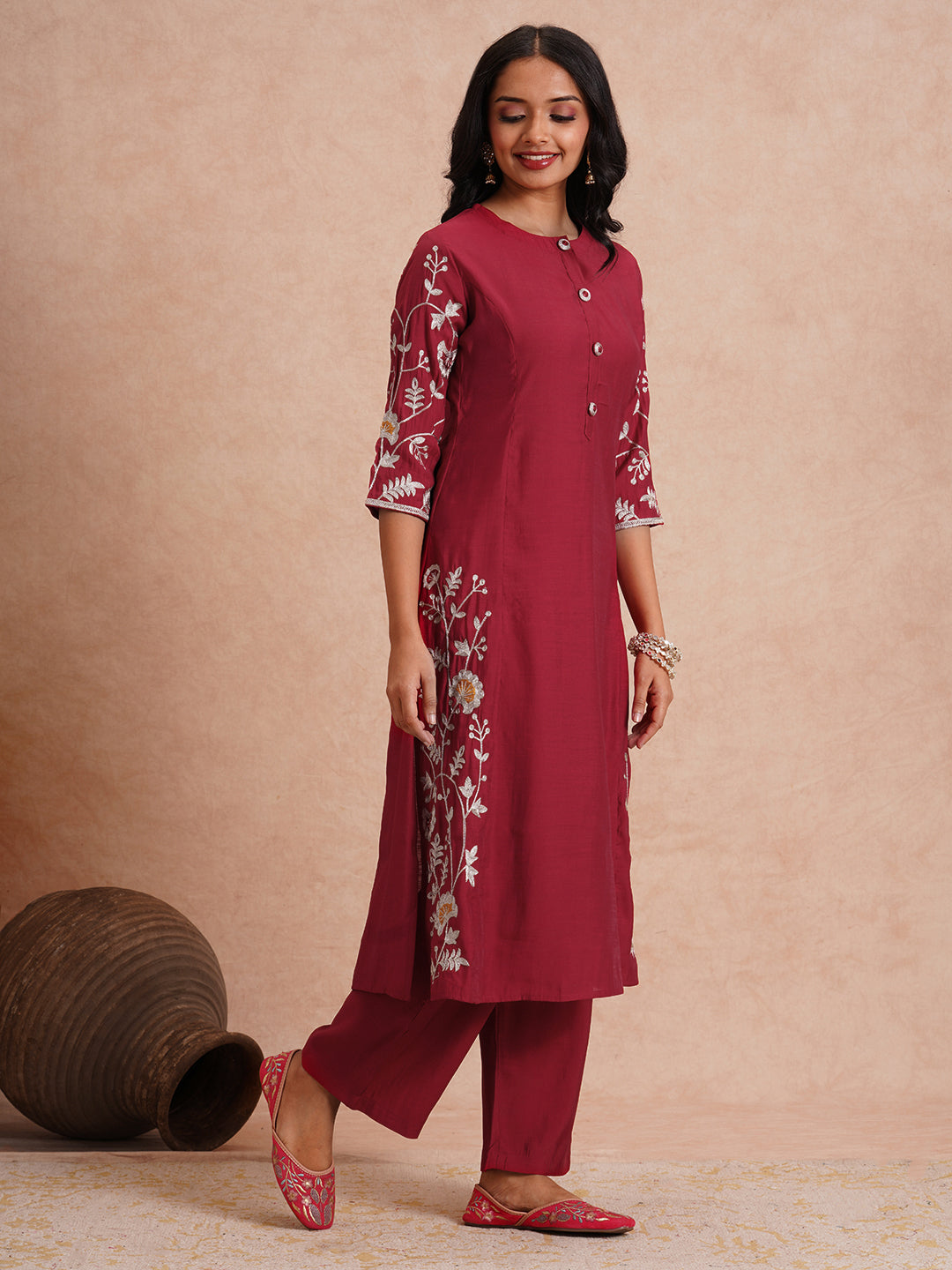 Solid Zari Floral Embroidered A-Line Co-ord Set - Maroon