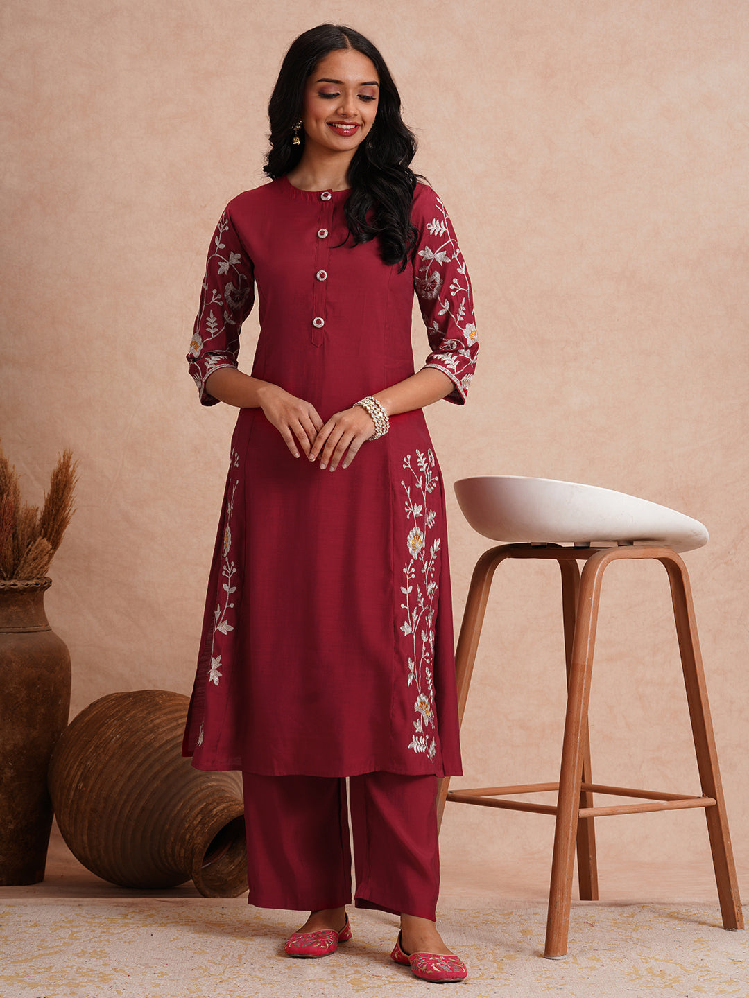 Solid Zari Floral Embroidered A-Line Co-ord Set - Maroon