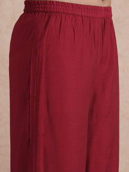 Solid Zari Floral Embroidered A-Line Co-ord Set - Maroon