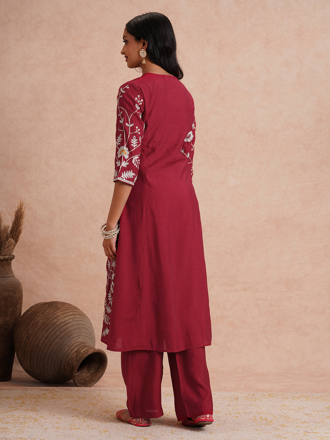 Solid Zari Floral Embroidered A-Line Co-ord Set - Maroon