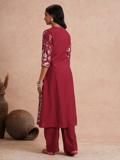 Solid Zari Floral Embroidered A-Line Co-ord Set - Maroon