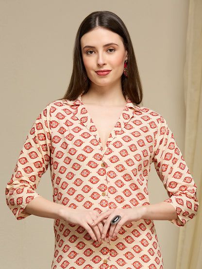 Ethnic Floral Printed Cotton A-Line Co-ord Set - Cream