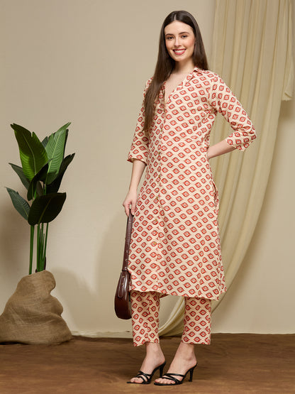 Ethnic Floral Printed Cotton A-Line Co-ord Set - Cream