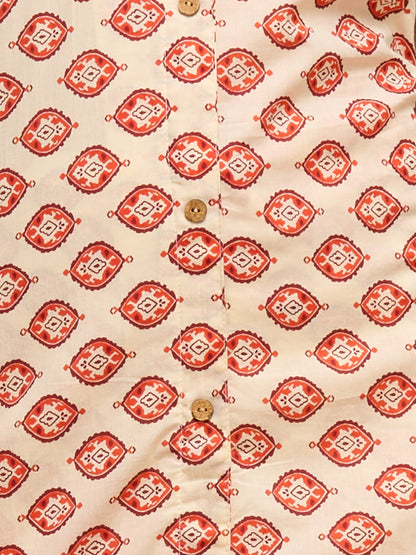 Ethnic Floral Printed Cotton A-Line Co-ord Set - Cream