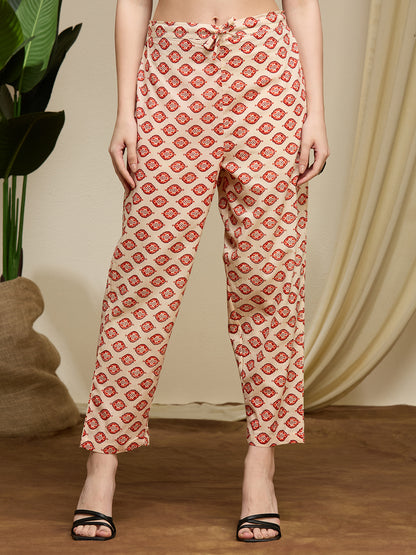 Ethnic Floral Printed Cotton A-Line Co-ord Set - Cream