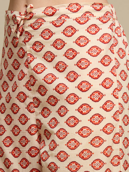 Ethnic Floral Printed Cotton A-Line Co-ord Set - Cream