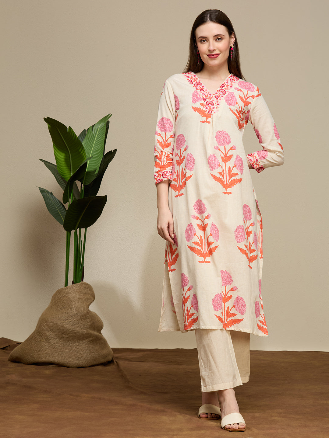Floral Buta Printed Straight Cotton Flax Co-ord Set - Off White