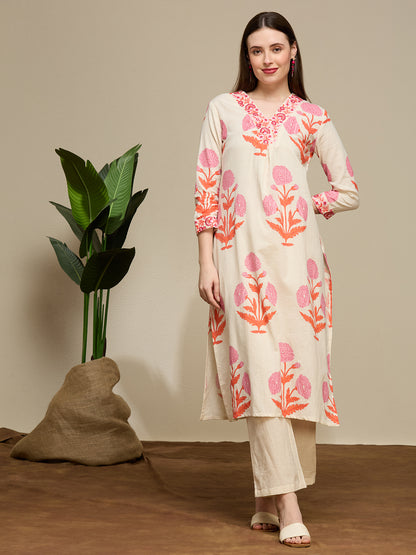 Floral Buta Printed Straight Cotton Flax Co-ord Set - Off White