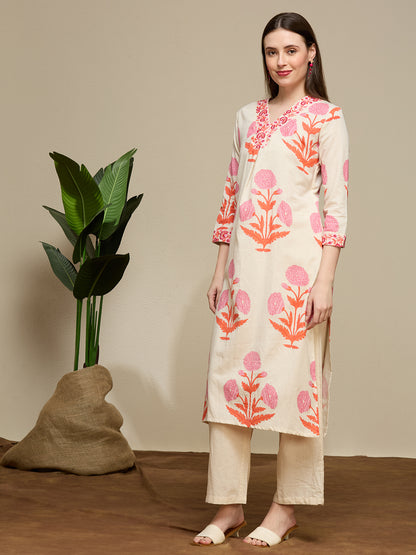 Floral Buta Printed Straight Cotton Flax Co-ord Set - Off White