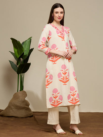 Floral Buta Printed Straight Cotton Flax Co-ord Set - Off White
