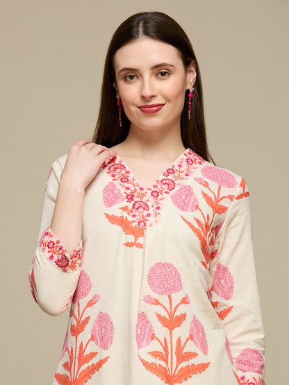 Floral Buta Printed Straight Cotton Flax Co-ord Set - Off White