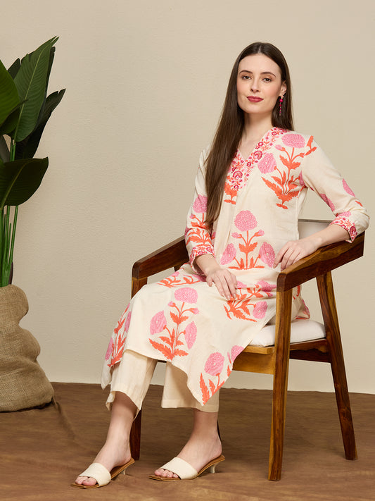 Floral Buta Printed Straight Cotton Flax Co-ord Set - Off White