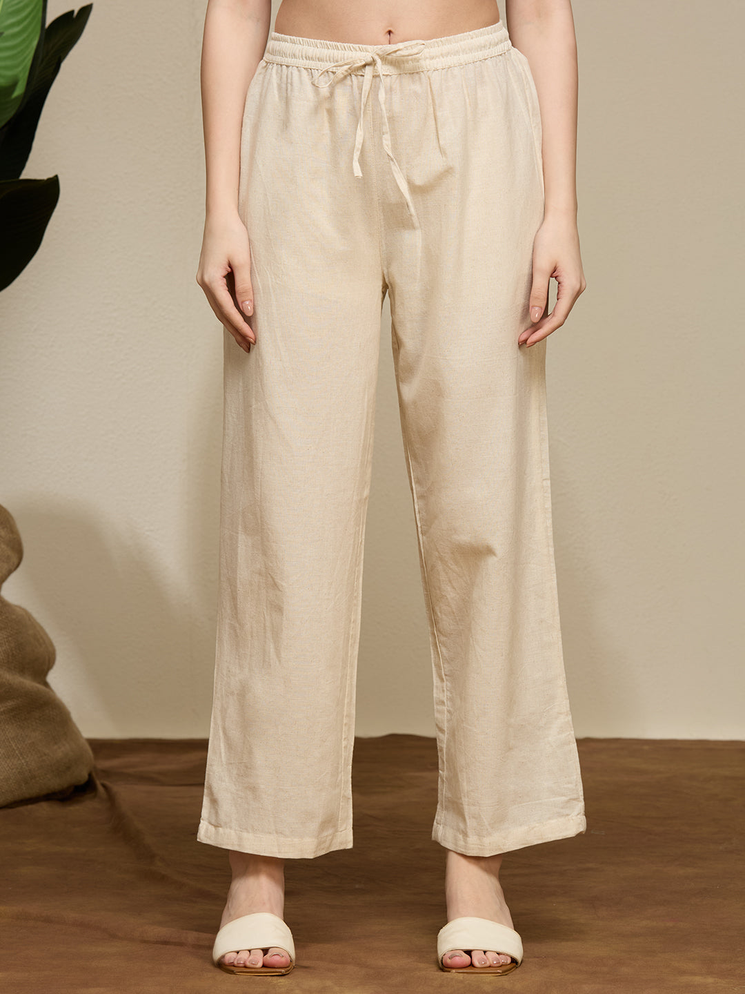 Floral Buta Printed Straight Cotton Flax Co-ord Set - Off White