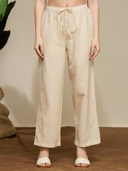 Floral Buta Printed Straight Cotton Flax Co-ord Set - Off White