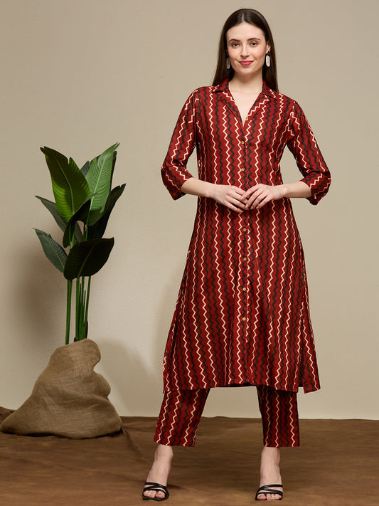 Ethnic Floral Printed Cotton A-Line Co-ord Set - Maroon