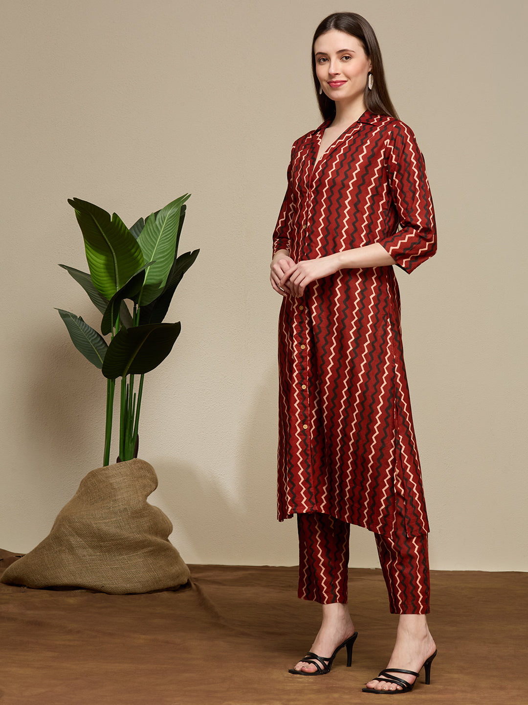 Ethnic Floral Printed Cotton A-Line Co-ord Set - Maroon