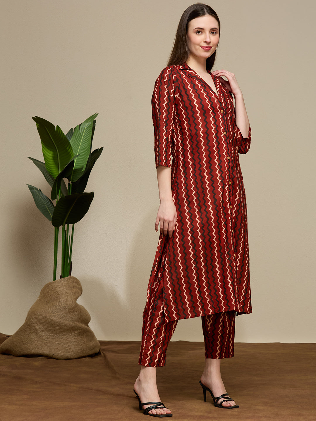 Ethnic Floral Printed Cotton A-Line Co-ord Set - Maroon