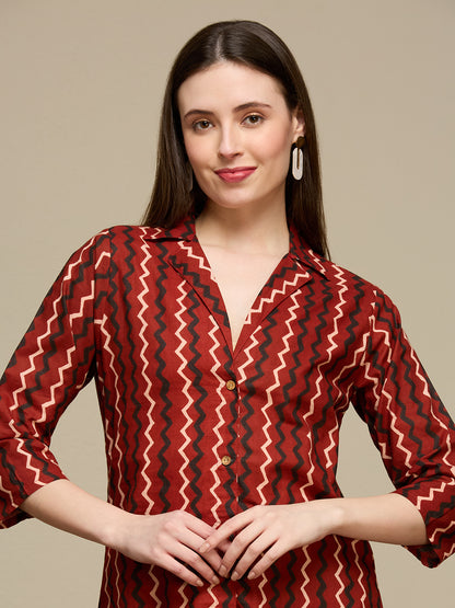 Ethnic Floral Printed Cotton A-Line Co-ord Set - Maroon