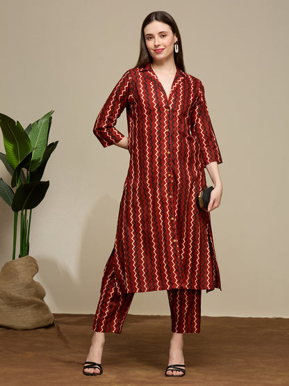 Ethnic Floral Printed Cotton A-Line Co-ord Set - Maroon