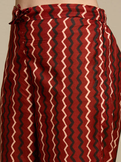 Ethnic Floral Printed Cotton A-Line Co-ord Set - Maroon