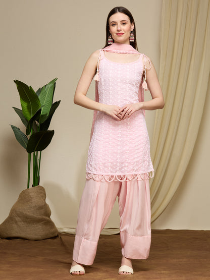 Floral Chikankari Embroidered Straight Fit Kurta with Salwar and Dupatta - Pink