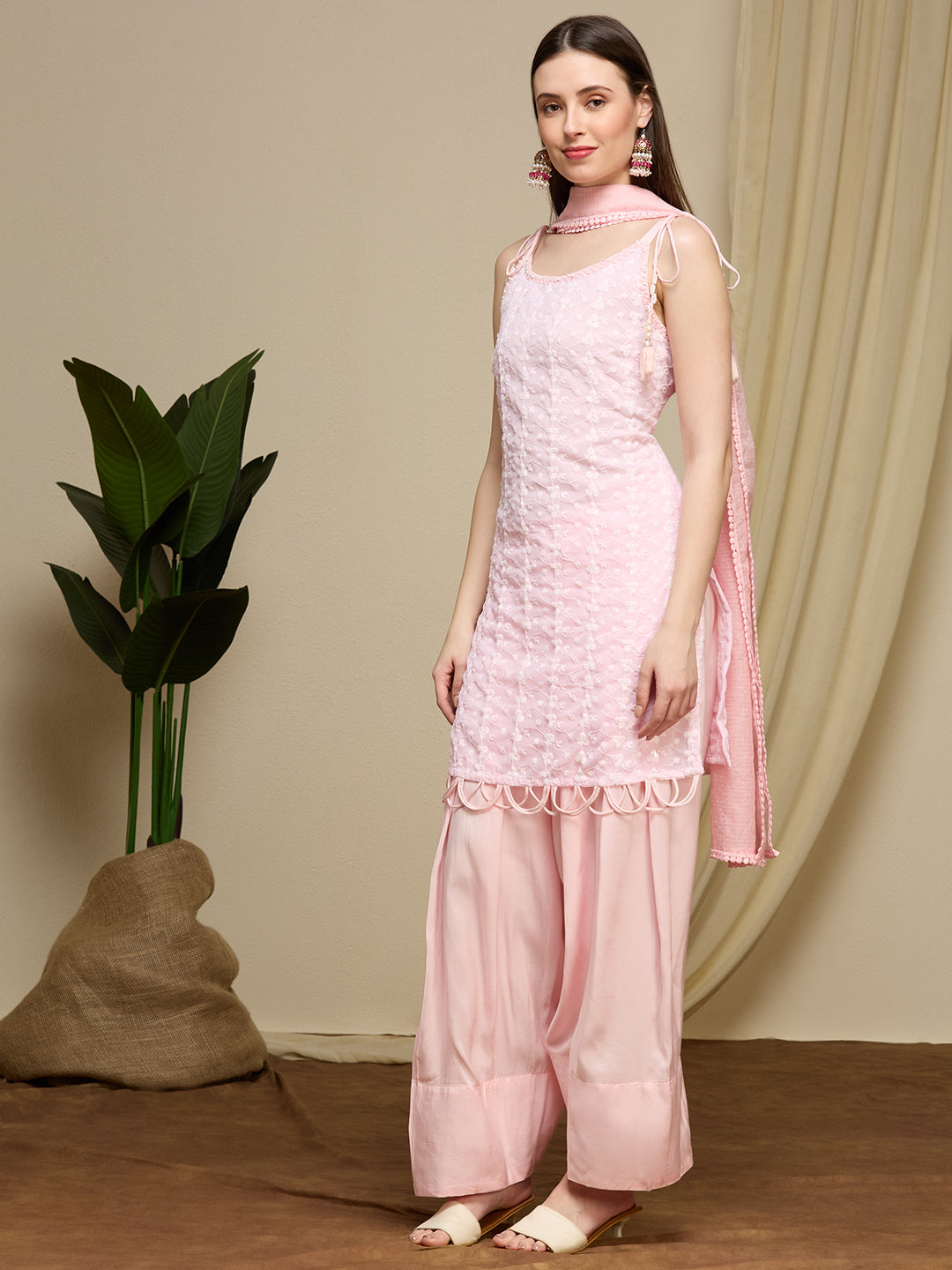 Floral Chikankari Embroidered Straight Fit Kurta with Salwar and Dupatta - Pink